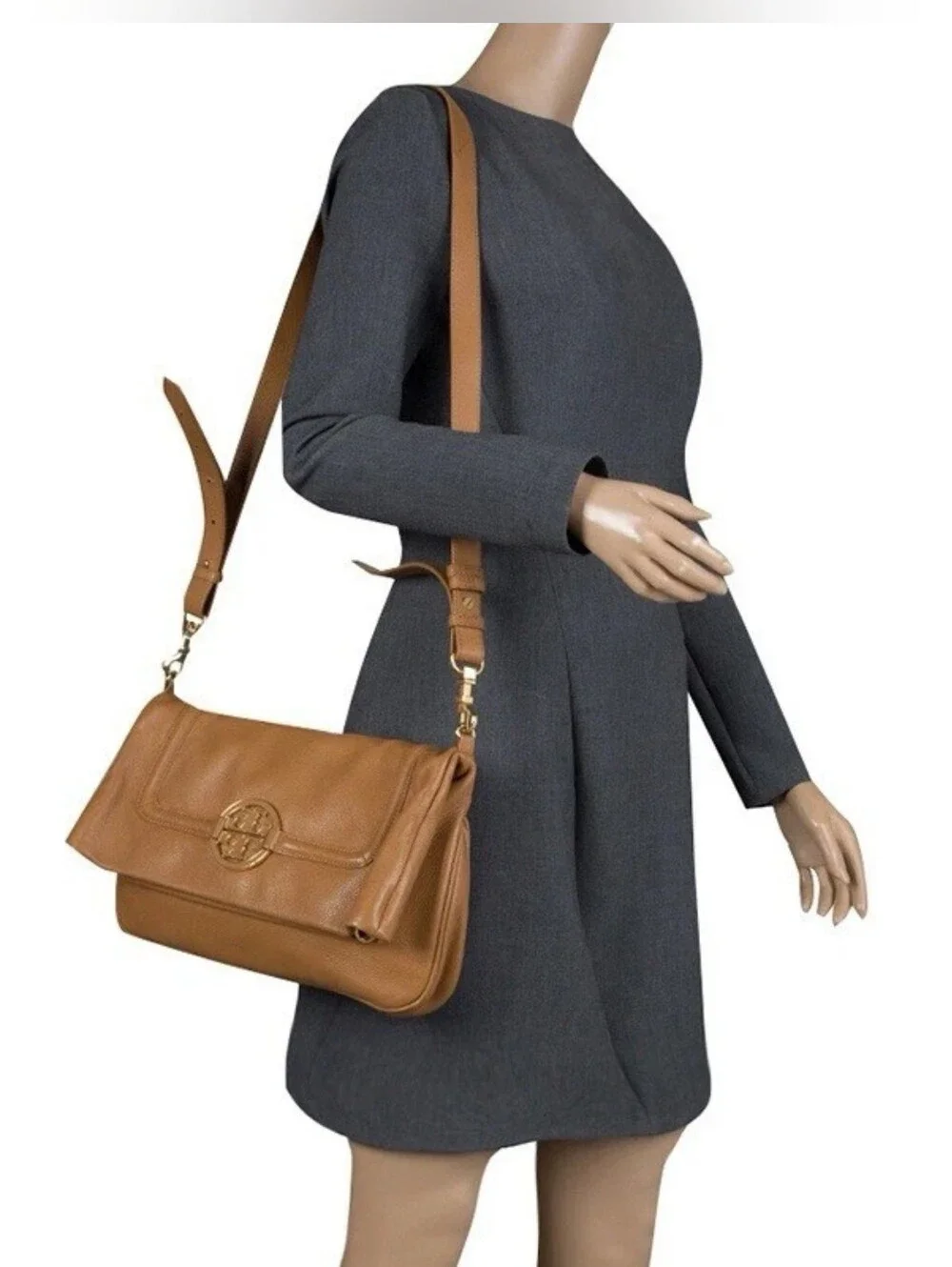Tory Burch Amanda Fold Over Leather Crossbody Clutch Bag in Cognac Tan